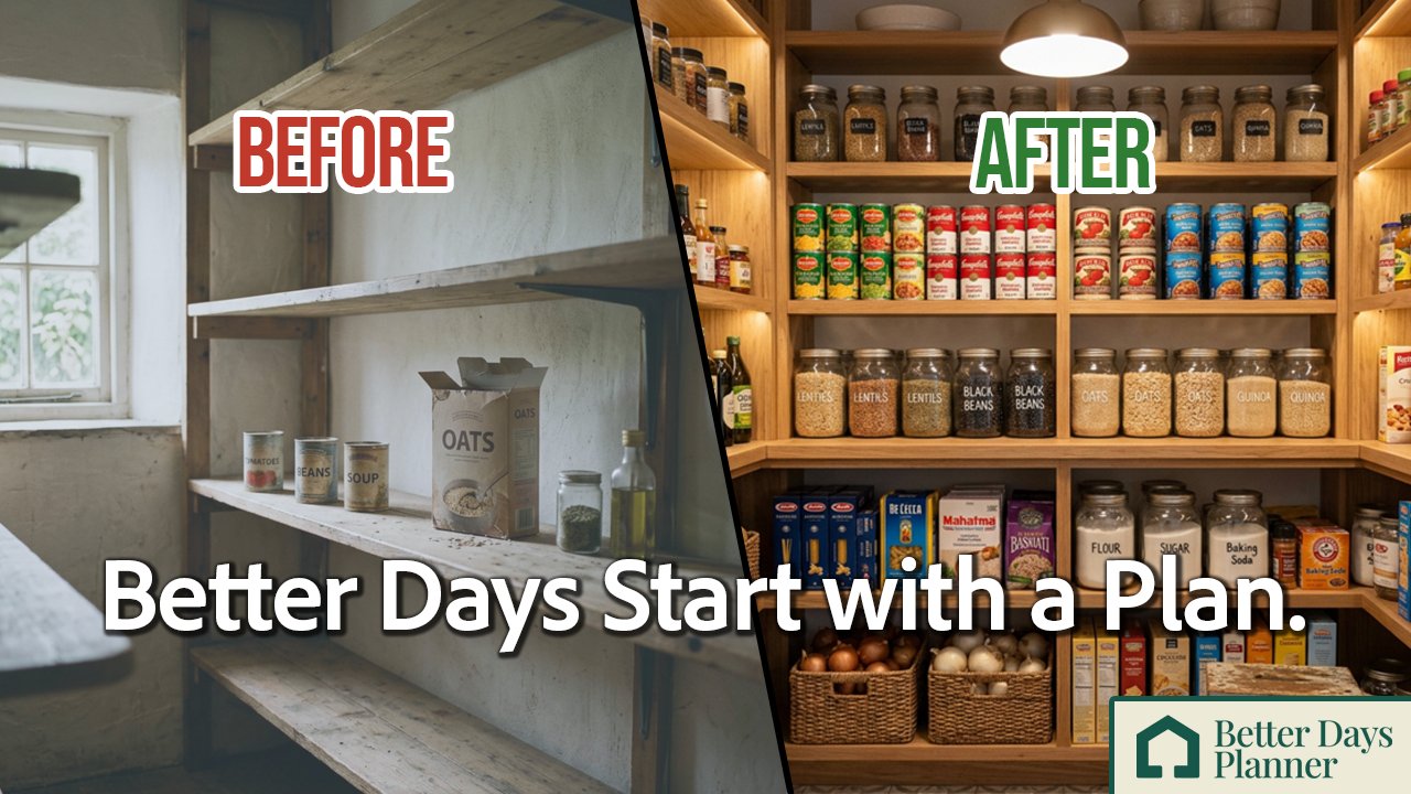 Better Days Planner introduction — before and after pantry, tagline: Better Days Start with a Plan