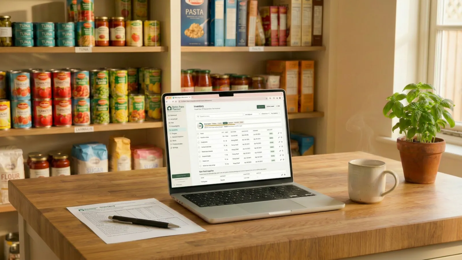 A printed Better Days Planner shopping list and a laptop on a sunlit kitchen counter, with water jugs on a pantry shelf in the background